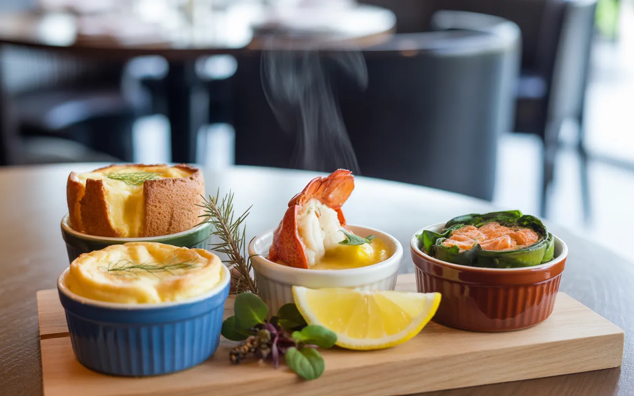 Entrées chaudes express : idées de service avec soufflé emmental, roquefort, homard, saumon-épinard