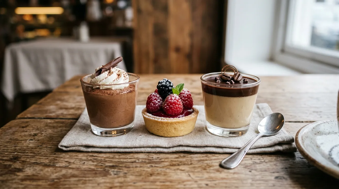 Desserts signatures sans alcool : chocolat, framboise, café — la touche premium Les Saveurs de René pour les professionnels